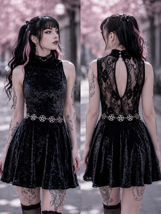 Revamped Dresses & Skirts - Revamped Black Crushed Velvet Mock Neck Skater Romper Dress